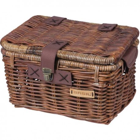 CESTO DELANTERO BASIL DENTON DE MIMBRE MARRON CON TAPA 18 L (39x28x22)